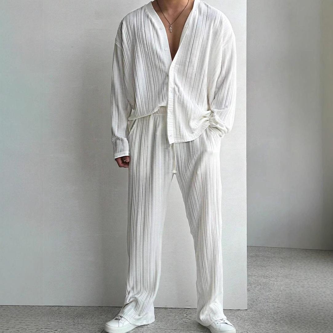 

Men s Casual Loose Fit V-Neck Long Sleeve Shirt and Wide Leg Pants Set in White S білий
