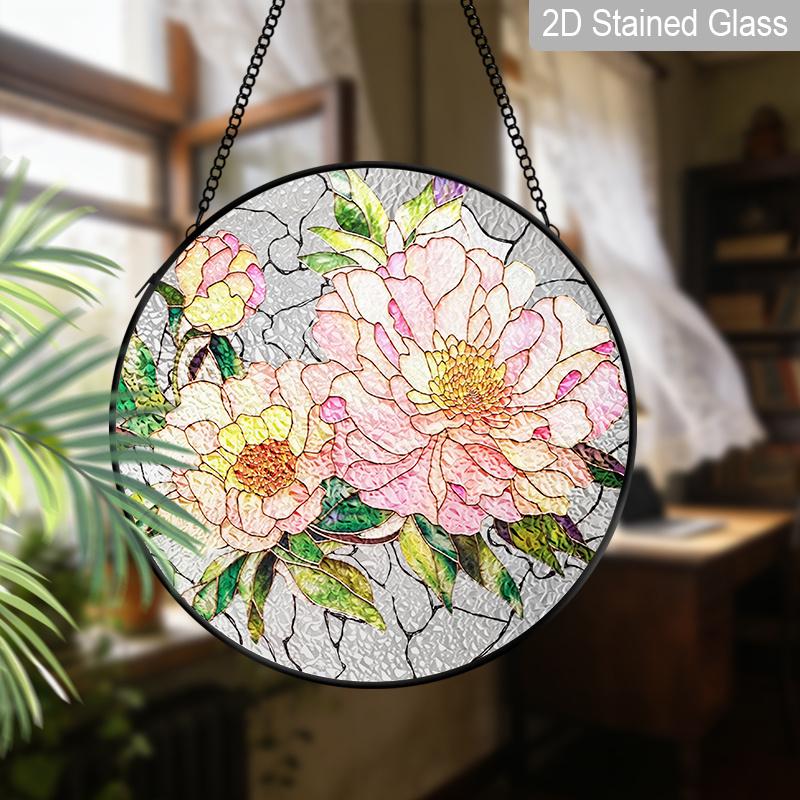 2D Flat Stained Glass Pink Peony Window Decoration, Elegant Colored Glass Plate with Chain, Charming Spring Summer Sun Catcher Wall Art Home Garden