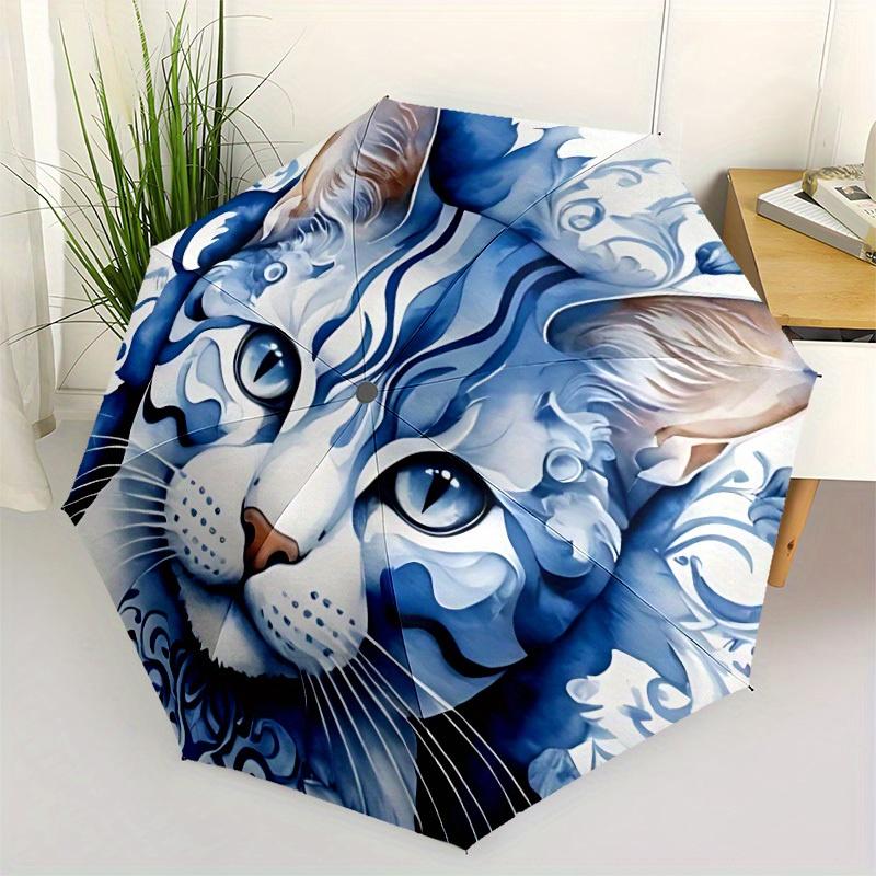 1pc Cat Blue Automatic Cute Umbrella High Quality Canopy, Portable Folding Umbrella with, Ideal Gift for - Travel, Everyday, Formal Events, Stylish Ac