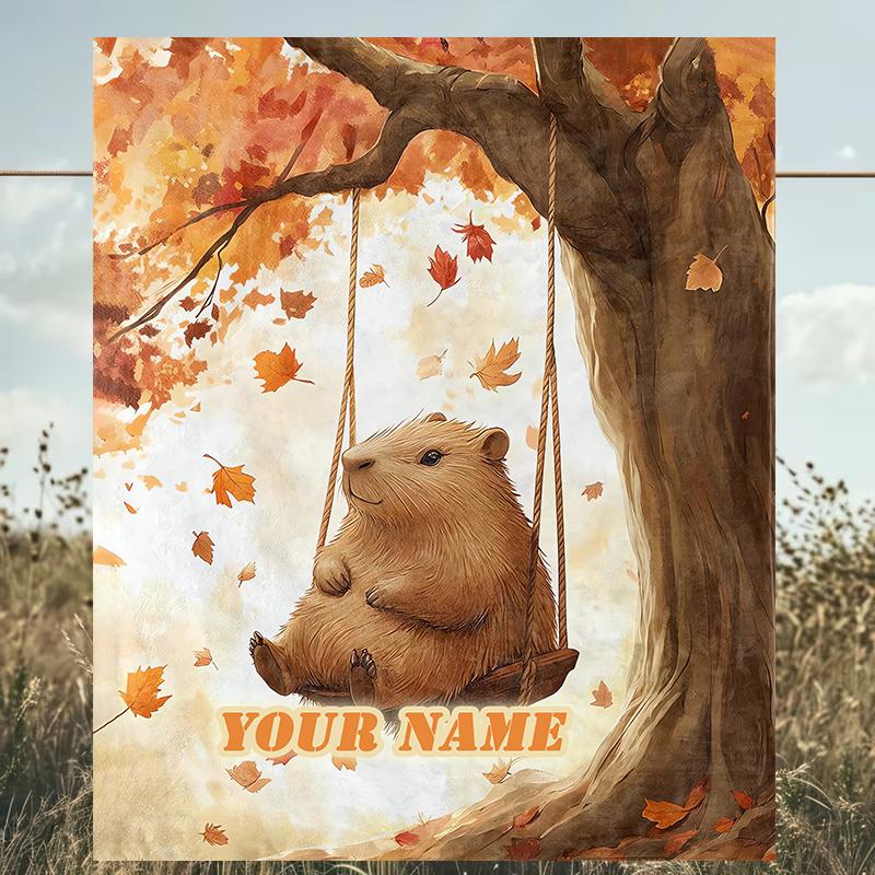 1PC Custom Name Autumnal Quokka outdooor Flannel blankets Patterns Throw Blanket All-Season Soft Gift for Couch, Bed, Camping gifts