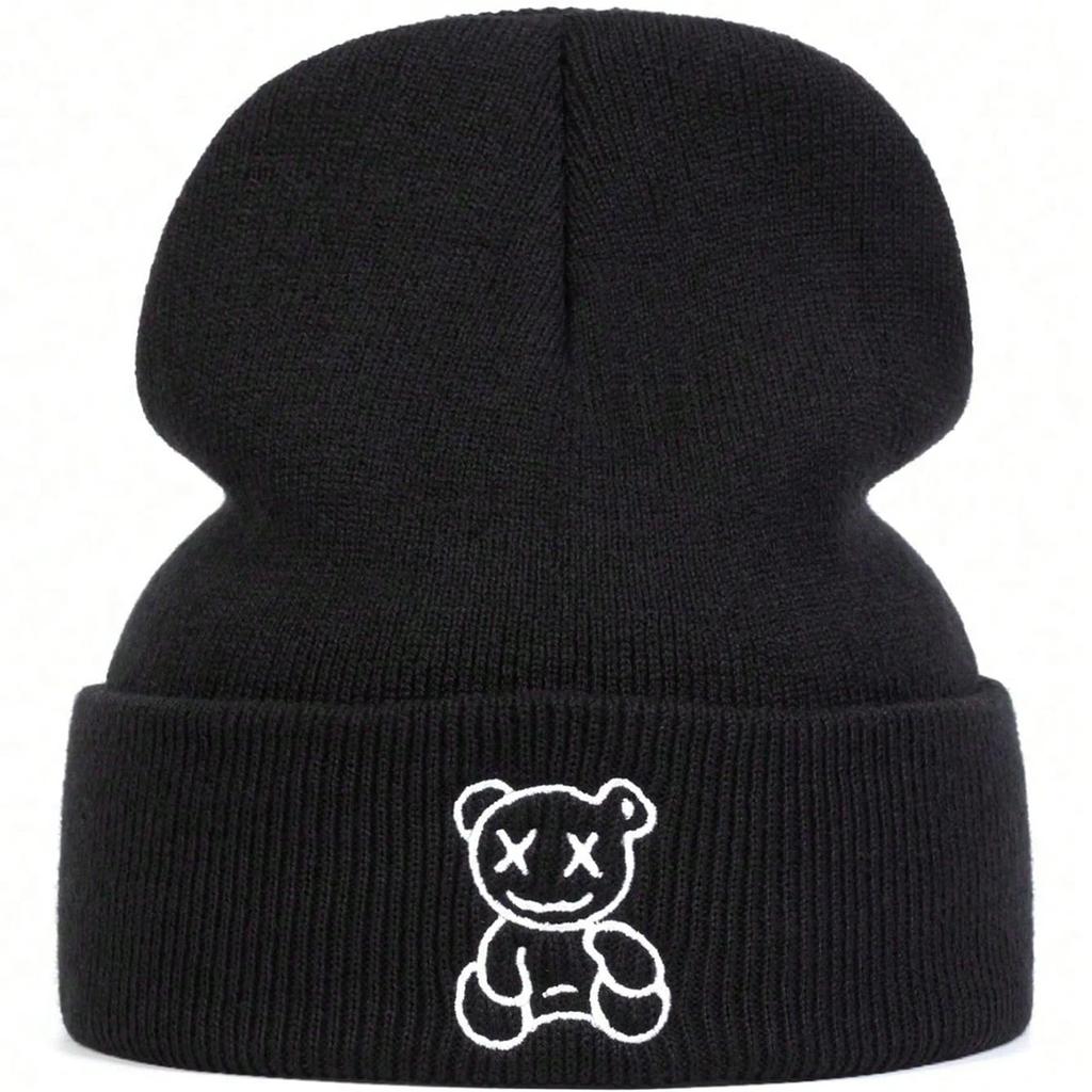 Knitted Warm Winter Autumn Beanies Stitching Embroidered Bear Little Neutral Gender Women Men For Hats Hip Hop Urban Street Style Cap Beanie Hat