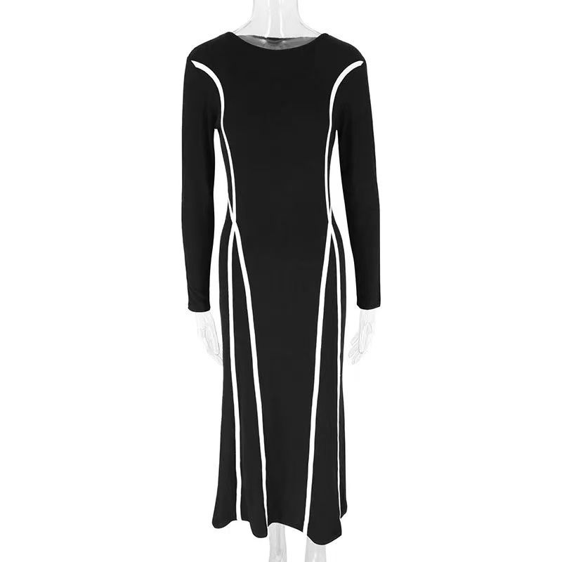 

Western Style Contrast Color round Neck Dress Slim fit Bag Hip Skirt Splicing Line round Neck Dress Black S