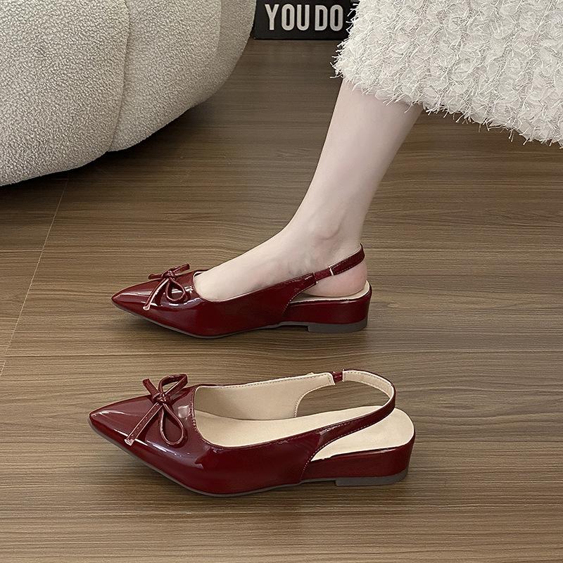 Patent leather pointed head bow bag head sandals women's summer new with skirt thick-soled wedge heel fashion shoes