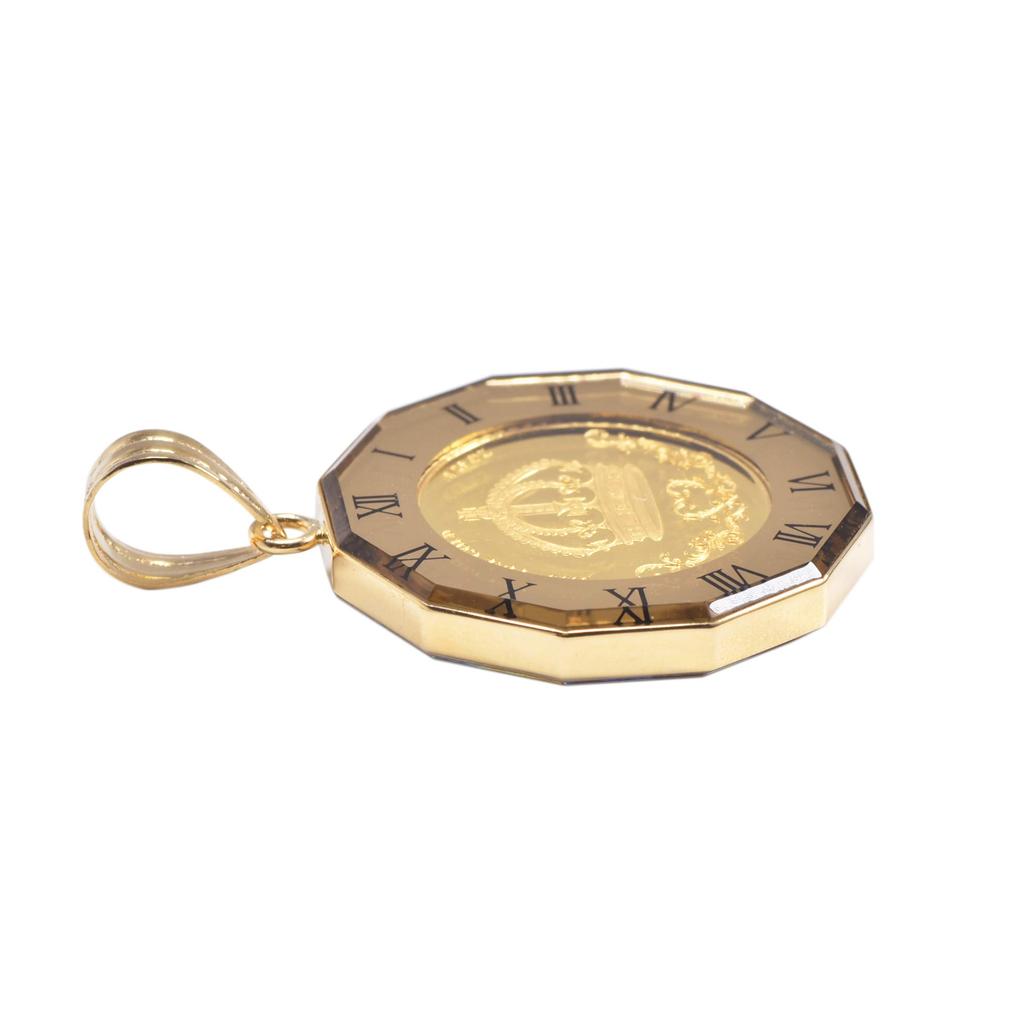 Speranza 24K Pure Gold Coin Pendant with Gold Glass 18K Engraved Crown, 1/25oz Clock,