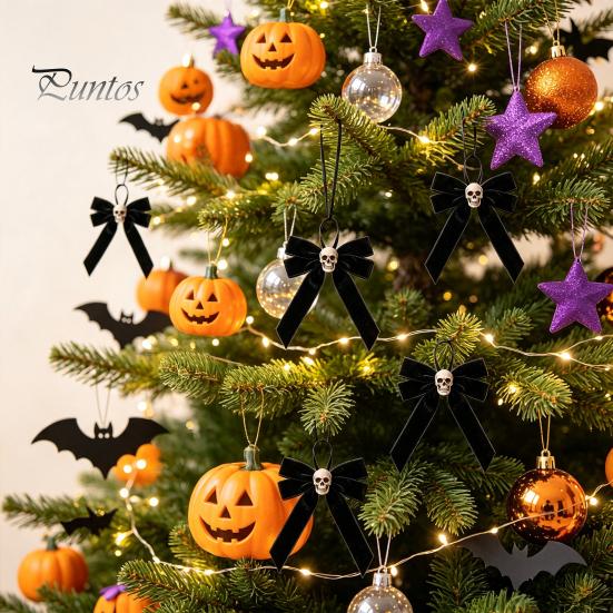 Vintage Style Hanging Ornament Halloween Velvet Bows with Skull Ornaments for Tree Decoration, Black Bow Pendant Gothic Flannel Home Holiday