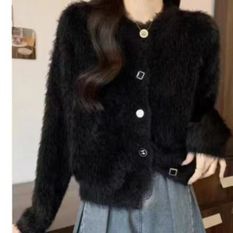 

Осень и зима новый мягкий восковой искусственный норковый флисовый свитер куртка женский свободный короткий уменьшающий возраст трикотажный кардиган с длинным рукавом топ One size чёрный
