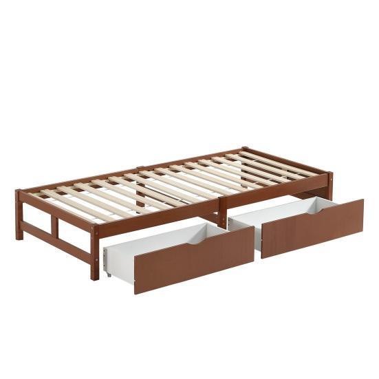 Children Bed, Flat Bed, Wooden Bed, Vintage Wood Color, Two Drawers with Castors, Adolescents And Adults, Pine Frame, Sturdy Slatted Frame, 90x200cm