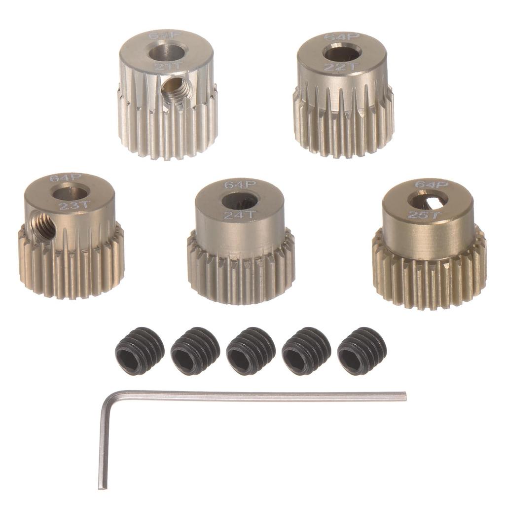 uxcell 64P Pinion Gear Set, 3.175mm (18") Shaft, 21T, 22T, 23T, 24T, 25T, Aluminum Alloy Motor Gears for 110 RC Car (Set of 5)