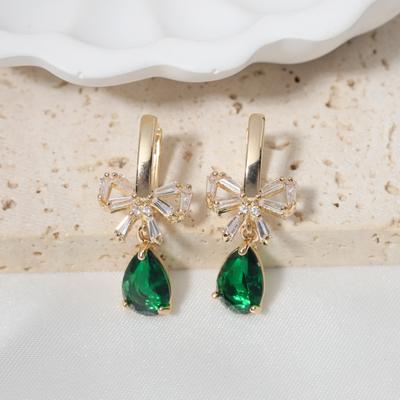 1 Pair Fashion Bow with Water Drops Zirconia Dangle  Earrings for Women Golden Earring Jewelry Party Accessories