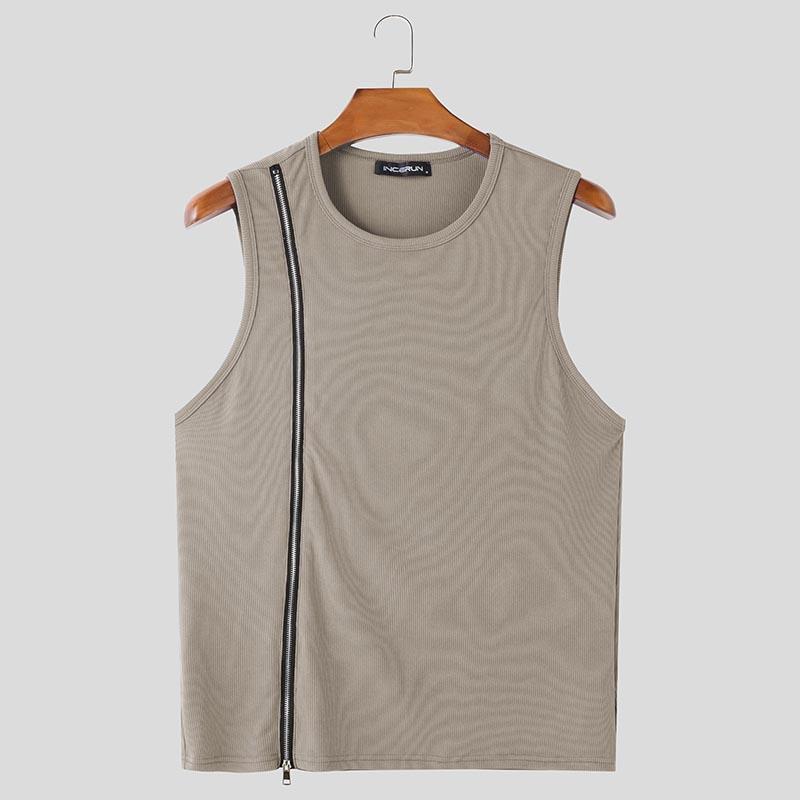 

INCERUN Summer Men O Neck Zip-up Sleeveless Rib Sport Casual Fitted Tank Tops 3XL хаки