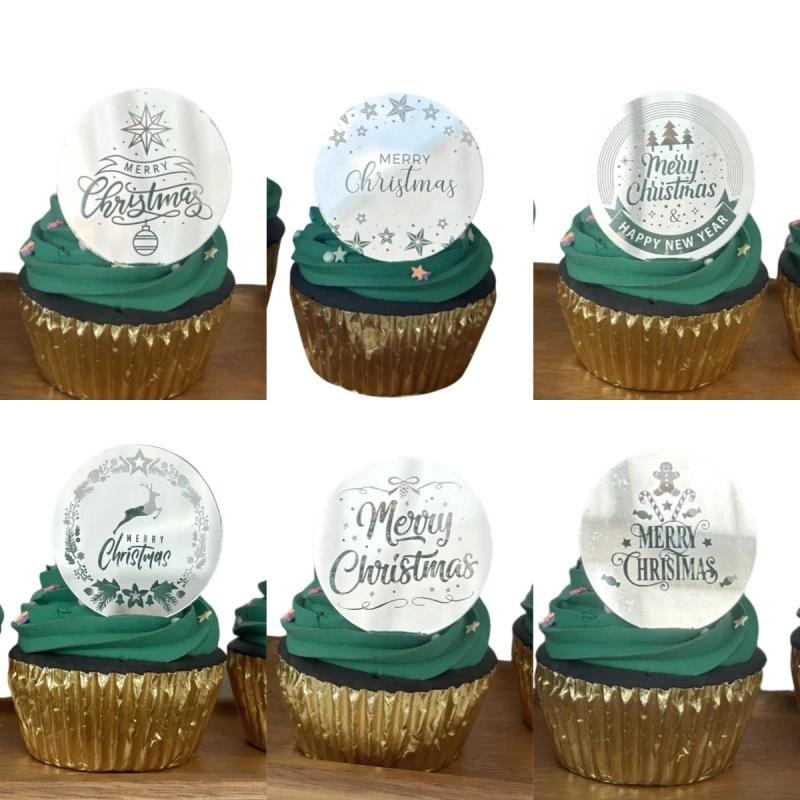 10pcs Round Merry Christmas Plastic Cupcake Toppers Rose Gold Color Snowflake Elk Cake Party Decorating Tool Christmas Ornament