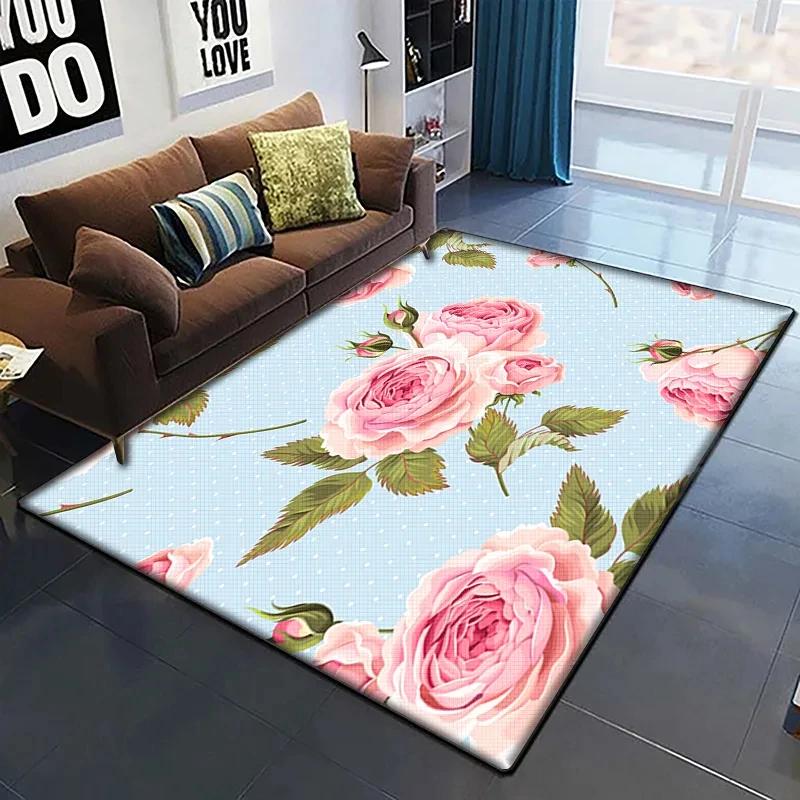 Rose Flower Print Carpet Living Room Rugs Anti-Slip Bedroom Bathroom Home Sofa Decor Floral Floor Mats Balcony Hallway Doormat