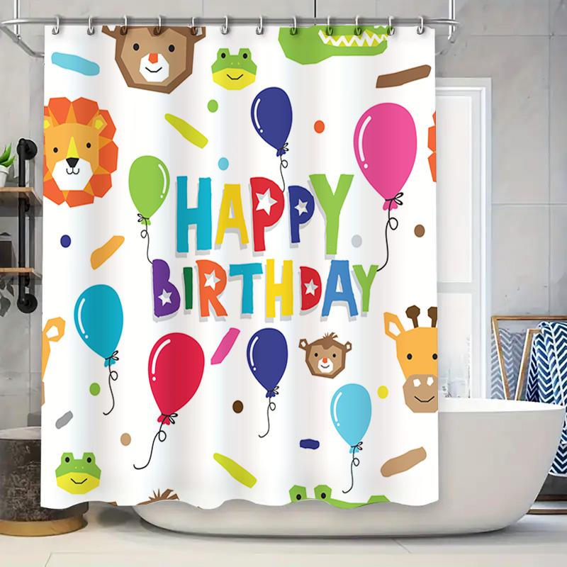 

Multicolored Happy Birthday Shower Curtain With Balloons, Cute Animals Pattern For Kids Bathroom Decor Waterproof Fabric (White) W60H190(CM)-1 Pcs