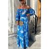 YYFS Women's Fashion Summer Spring Flower Pattern Print 1/2 Sleeves One Shoulder High Waist  Casual Dresses