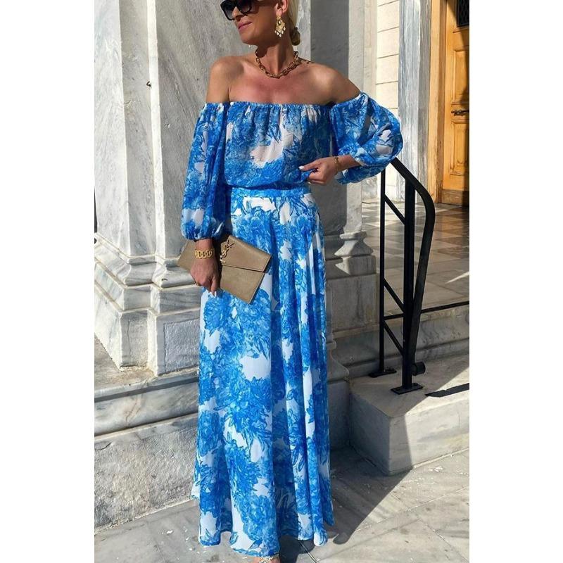 YYFS Women's Fashion Summer Spring Flower Pattern Print 1/2 Sleeves One Shoulder High Waist  Casual Dresses
