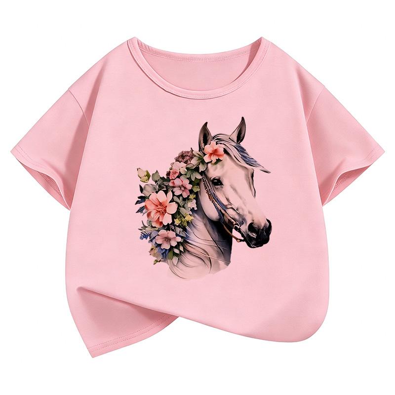 Fashion Horse with Flower Design TShirt Printed T Shirt Girls Summer Clothes Short Sleeve Tops TShirts Cute Girls Clothing