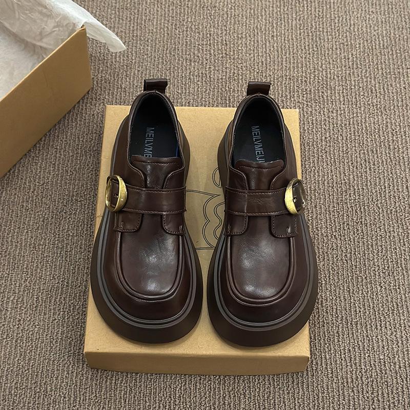 2025 Spring and Autumn New Loafers Women's Thick Heel Platform Single Shoes Retro Belt Buckle British Style Heightening Small Leather Shoes
