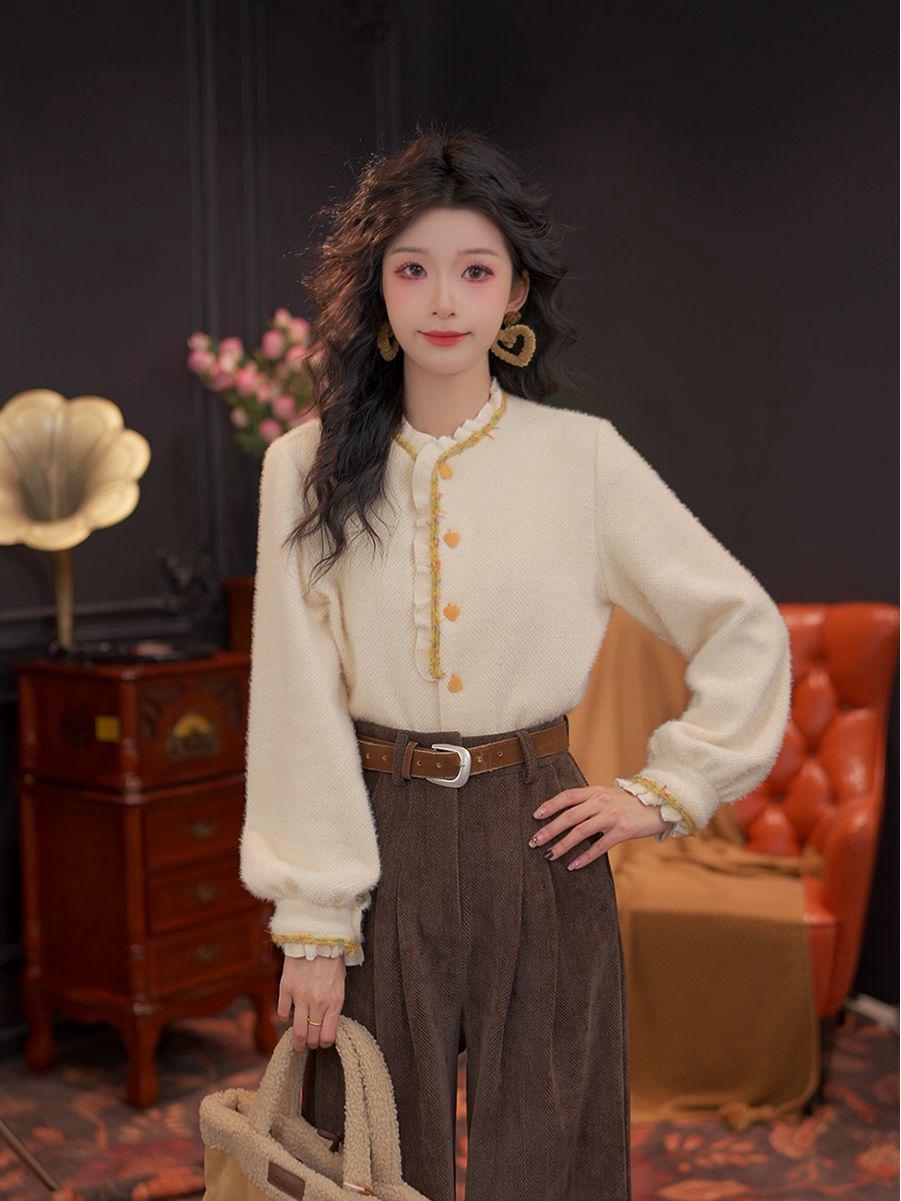 Women s Winter Warm Sisi Lace Collar Heart Button Long Sleeve Layering Top S