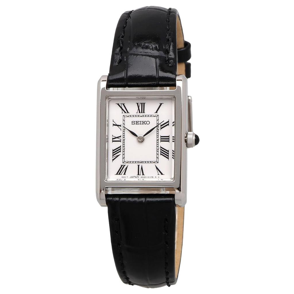 Seiko Quartz Sapphire Silver X Black Leather Overseas Model Women's Watch, Glass, SWR107, White, Band