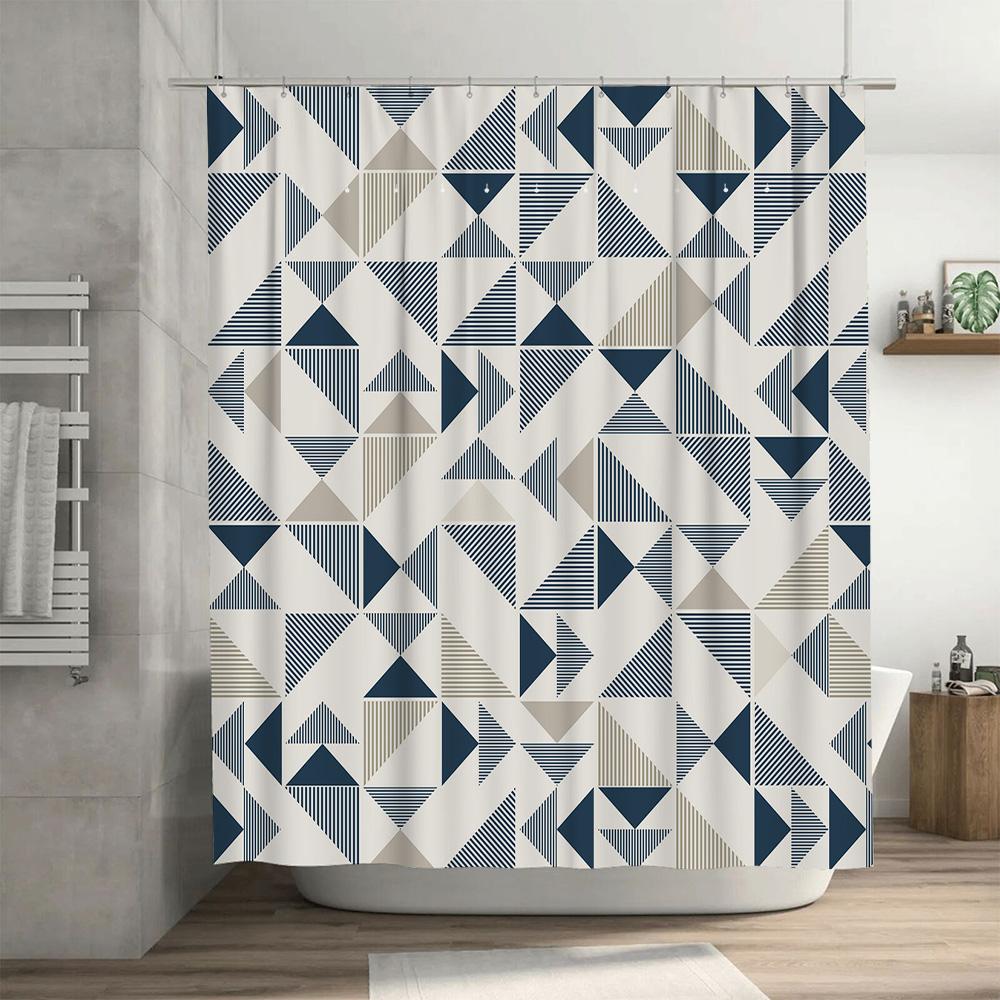 Modern Geometric Printed Bath Curtain Waterproof Shower Curtain with Metal Eyelet Rings Decorative Bathing Room Accessories Home