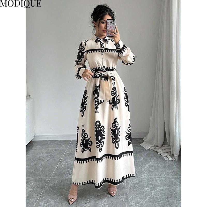 

MODIQUE 2025 Spring New Women s Elegant Print Lapel Elastic Waist Belt Long Dress Ladies Casual A-Line Long Sleeve Dress XXL білий