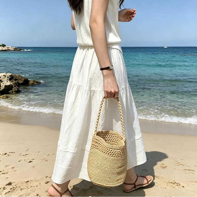 Borsa a Secchio in Paglia Naturale Intrecciata Fatta a Mano, Borsa a Spalla Estiva da Donna per Vacanze al Mare