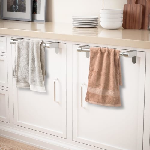 VEHHE Towel Bar, Adjustable Length and Width, Stainless Steel with EVA Foam Pad, Multifunctional, W7 X L26.5-43 X H6cm, Easy Installation (Silver)