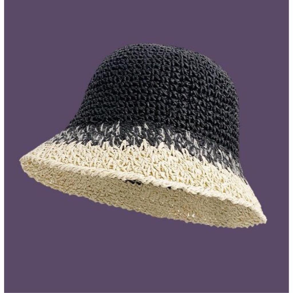 Purple Straw Hat for Women's Summer Outings Sun Protection and Shade Beach Fisherman Hat Color Blocked Grass Woven Basin Hat