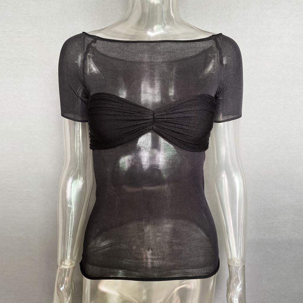 Women's One Neck Sheer Short Sleeve T-Shirt Top