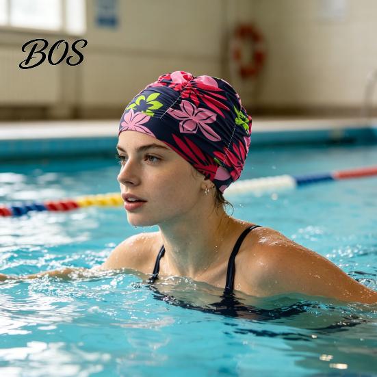 Soft Swim Cap Cloth Swimming Pool for Women, Breathable Colorful Ruffle Loose Fit Cap, Elastic Ear Protection Short Long Hair Bathing Hat