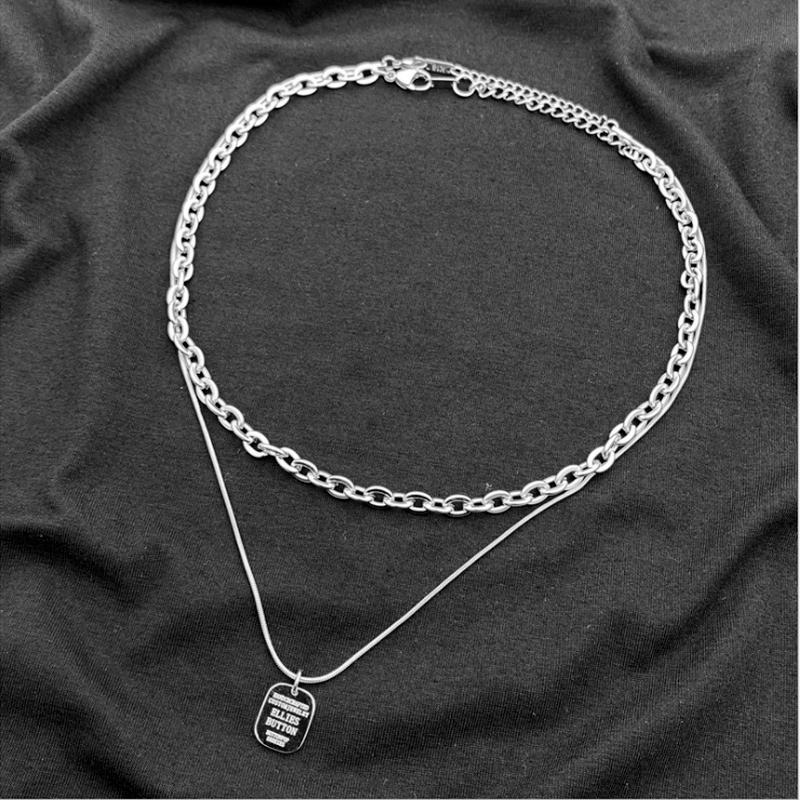 Square Brand Letter Double Chain Necklace Female Fashion Stacking Necklace Personality Clavicle Chain Titanium Steel Stitching