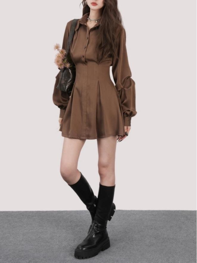 

Elegant Black Waist-Cinched Long Sleeve Slimming Shirt Dress for Women - French Style (Spring/Autumn 2025) M темно-коричневого кольору