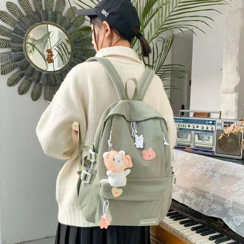 Large Capacity Solid Color Backpack Bear Pendant Shoulder Bag Cute Students School Bag  Travel