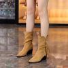 British style pointed high-heeled short boots women's 2025 autumn new thick heel fringed temperament versatile retro fashion single boots