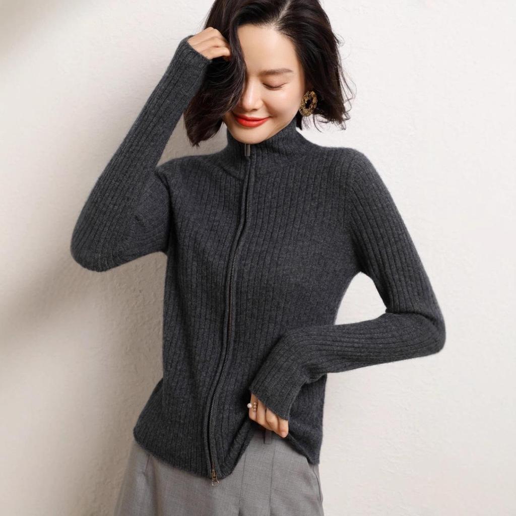 Women's Slim Fit Cashmere Zipper Cardigan – Autumn/Winter Korean Style Knit Sweater with Drawstring