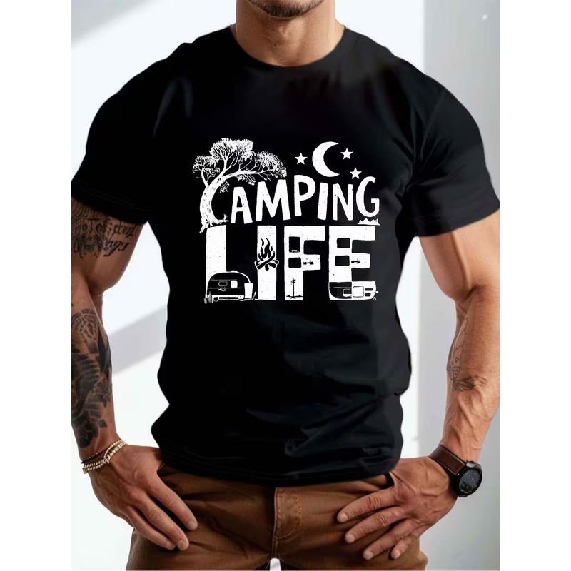 Men'S Relaxed T-Shirt - Design Featuring Camping Life, Tent, And Moon