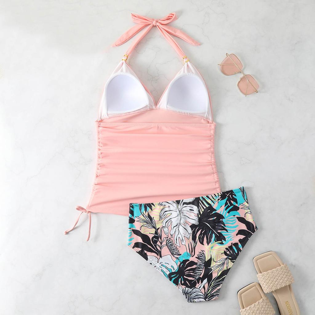 Damen Badeanzug mit bedruckten Trägern, Schlitz, Neckholder, plissiert, sexy, tief ausgeschnitten, Push-up, einfarbig, Bademode für Strand und Pool, Bikini 2024 Trend