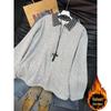 Unisex Plaid Patchwork Faux Two-Piece Long-Sleeve Polo with Velvet Knit Hoodie and Sleek Inner Layer.