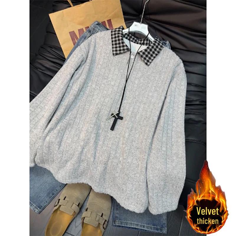 Зимний 2026 года Американский стиль Имитация двух предметов Клетчатый Воротник-поло Пэчворк Лацкан Бархатный Свитер L