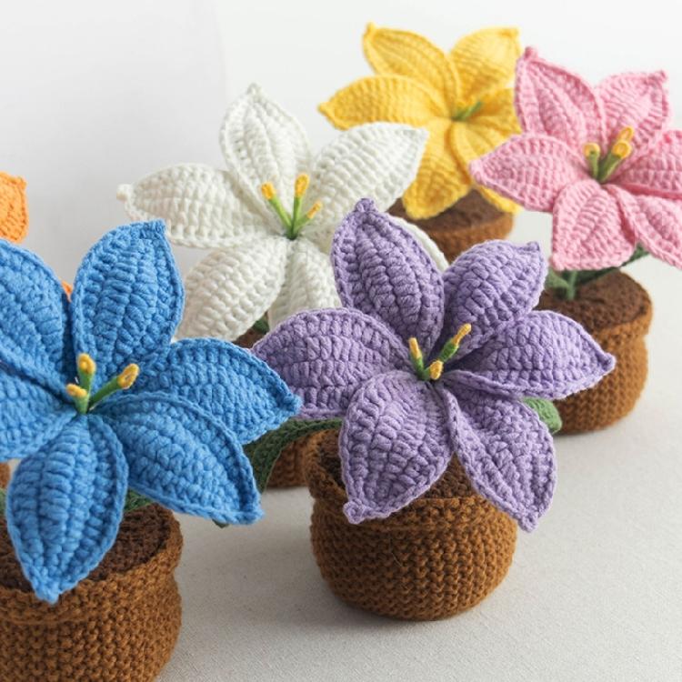 Crocheted Lilies Potted Plant Home Decors Artificial Knitted Flower Pot Ornament for Mother Day Teacher Appreciation Gift