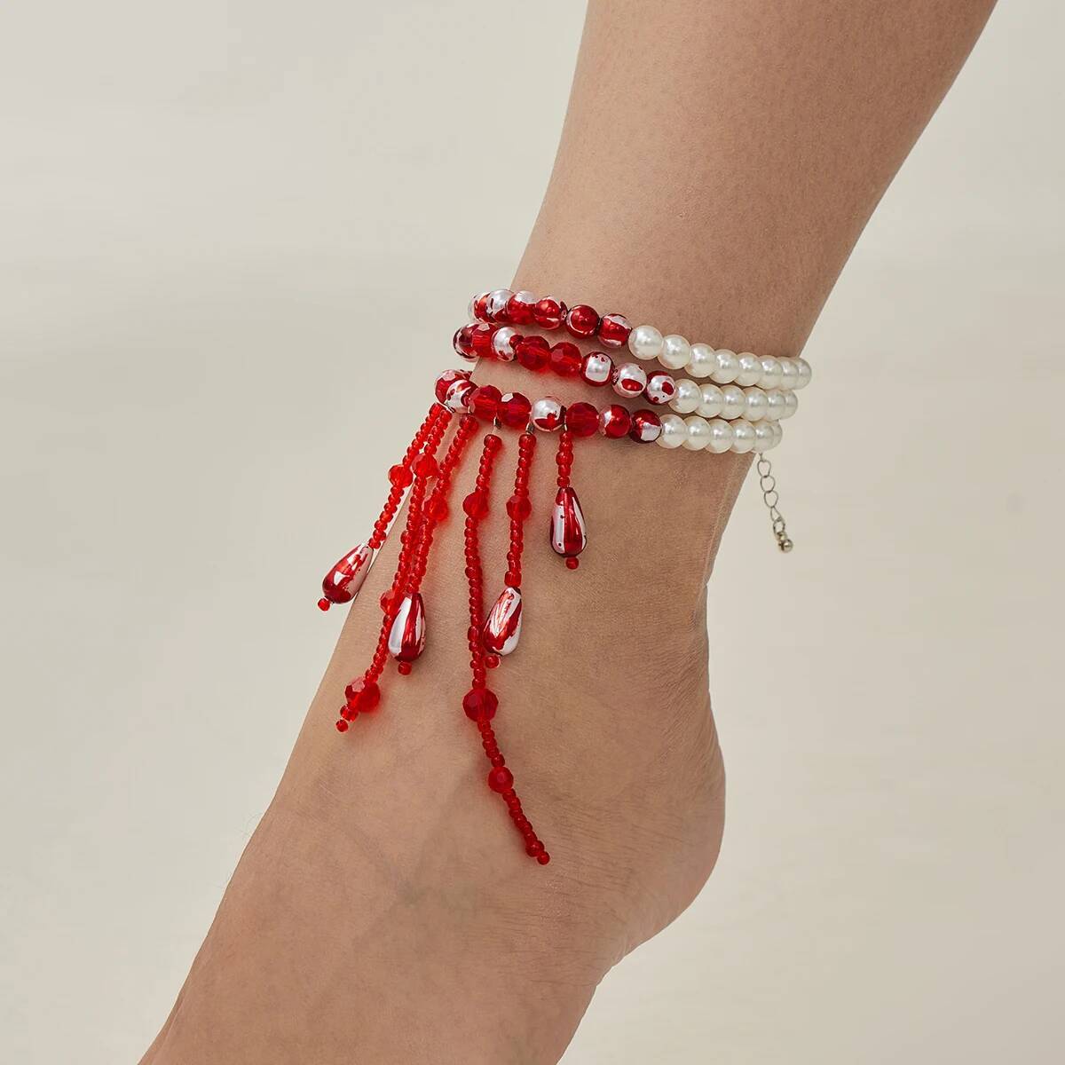 IngeSight.Z Gothic Blood Imitation Pearl Crystal Anklet Women Trendy Tassel Bead Exquisite Charm Anklet Halloween Party Jewelry
