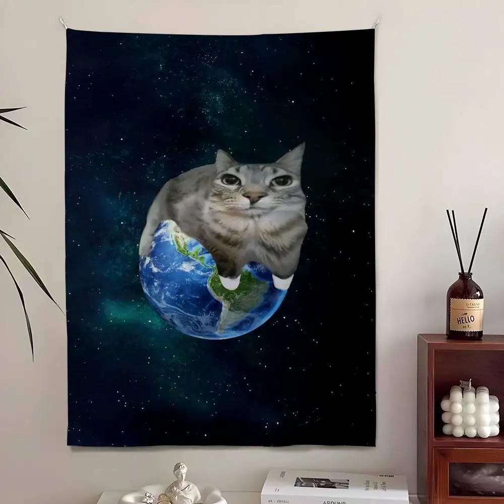 Funny Cute Cat Tapestry Bedroom Living Bar Garden Outdoor Microfiber Festival Decoration Background Art Banner