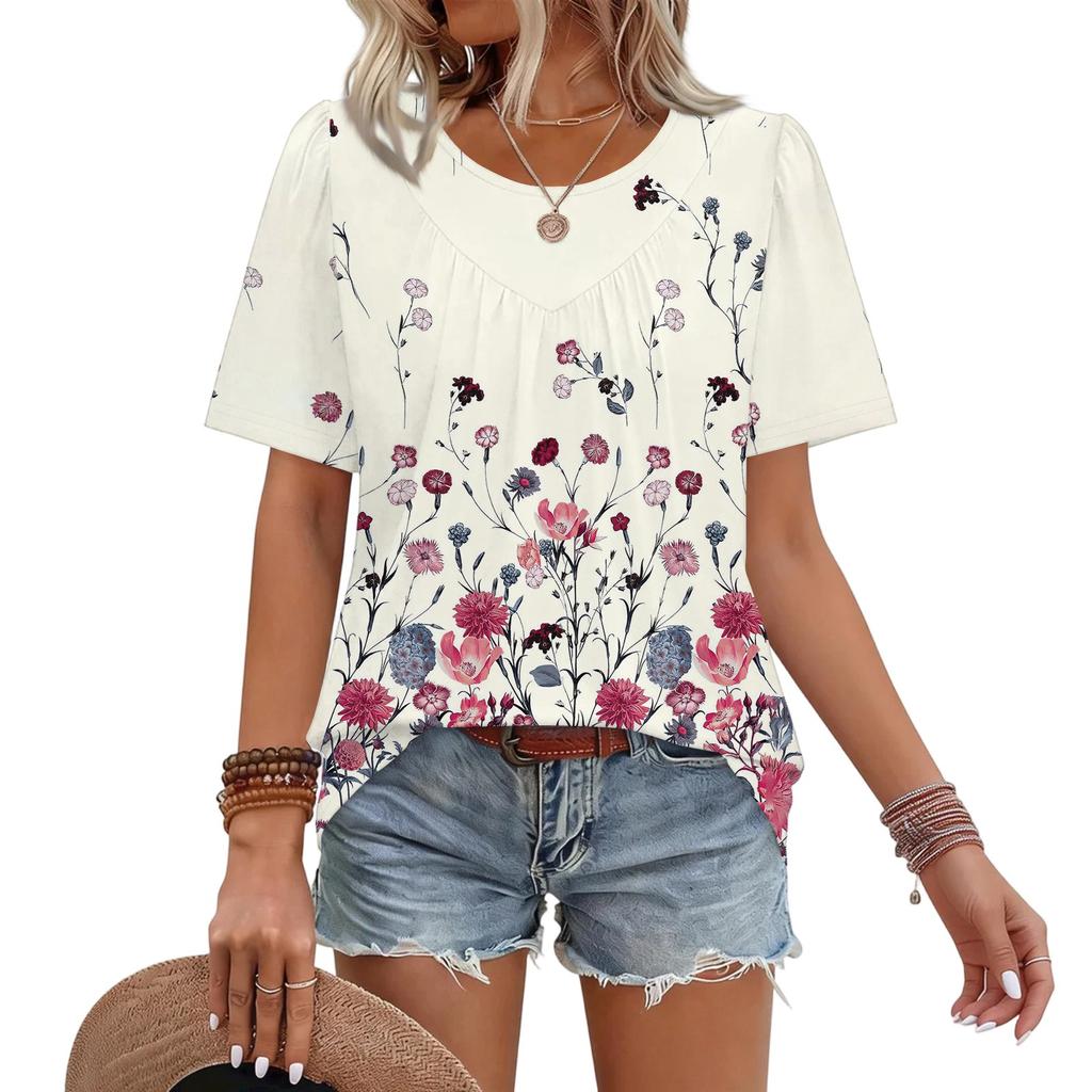 Women's Casual Fashion Round Neck Floral Printed Pleated Short Sleeve T,shirt Top