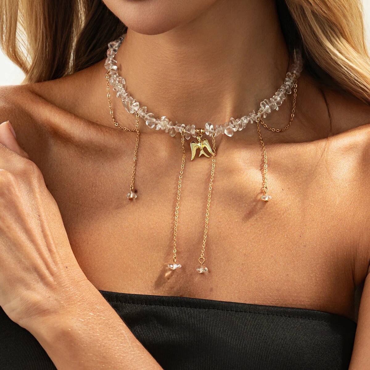 

SHIXIN Elegant Crystal Beaded Chokers Necklace Women Bohemian Metal Tassel Pendant Necklace Clavicle Chain Bride Wedding Jewelry