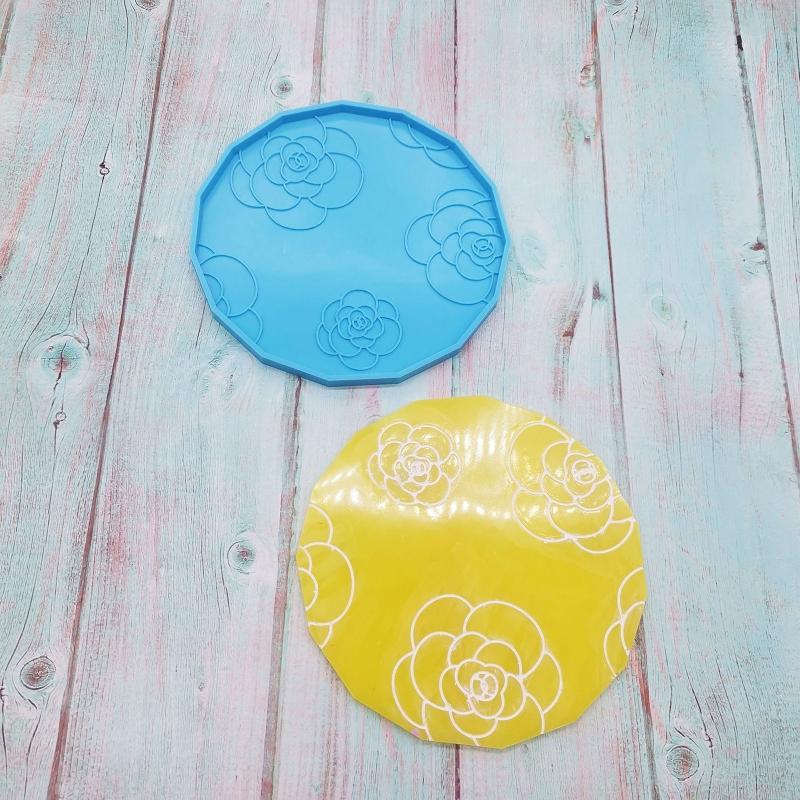 Quadratische Runde Tassenmatte Silikonform Kamelienmuster Untersetzerformen Tassenablage Gussformen für Harzmattenherstellung DIY-Basteln