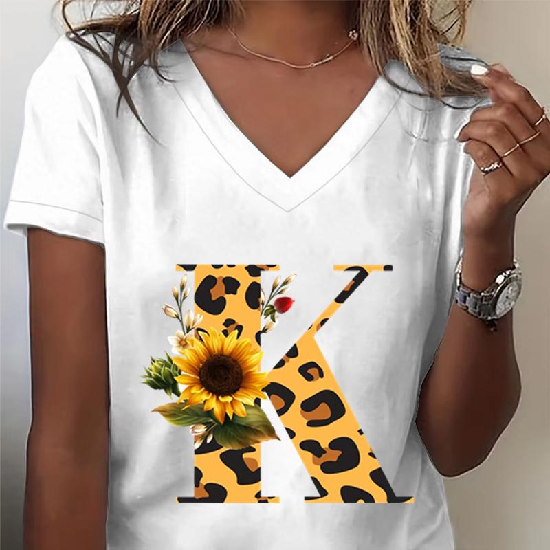 Unisexs Vneck Tshirt Sunflower Leopard Print Letter R Graphic Tee Watercolor Flower Leopard Print Tshirts Az 26 Alphabet Top