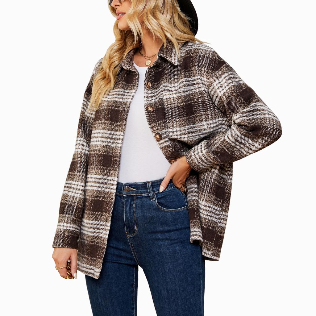 New Autumn and Winter Casual and Fashionable Pocket Loose Checked Woolen Coat for Women