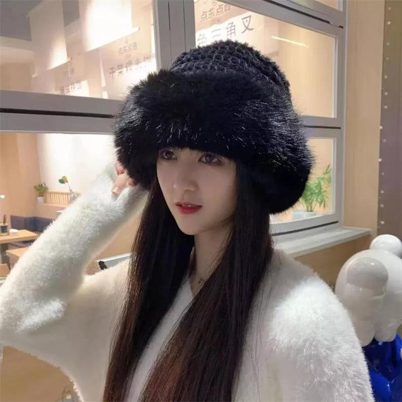 Winter Warm Fluffy Faux Fur Bucket Hat for Women Thermal Windproof Fisherman Cap Warmer