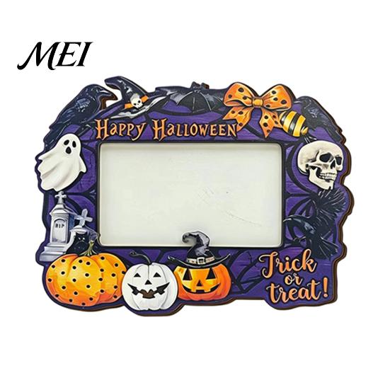 Double Sided Wooden Photo Holder Halloween Frame, Pumpkin Ghost Cat Cutout Picture Shape Ornament Holder, Double-sided Holiday Tabletop Decor for Home