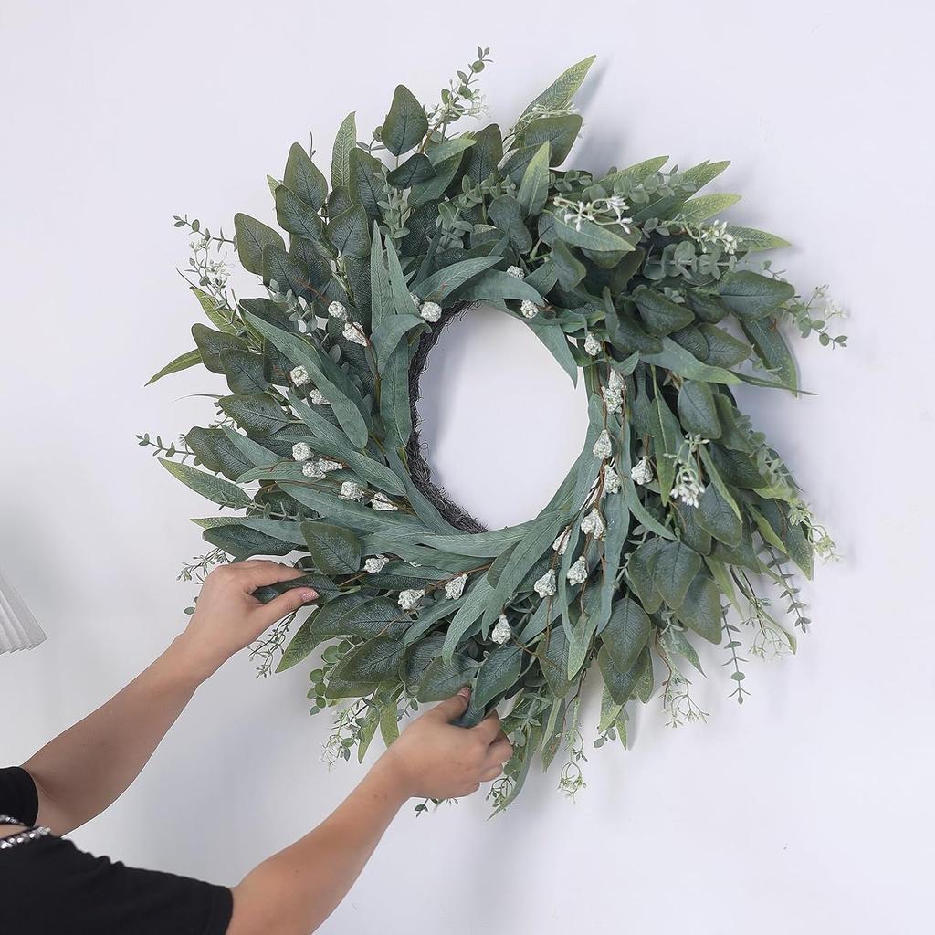 26" Eucalyptus Wreath for Front Door - Large Artificial Greenery Outdoor Wreath for Porch, Window,Farmhouse,Home,Holiday,Hanging Decor- Spring,